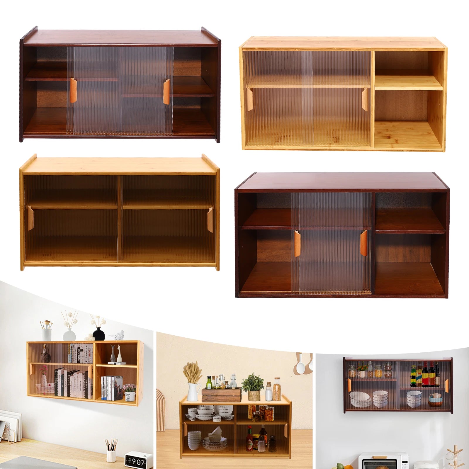 Wall mount bamboo wood pantry cabinet,77/80cm 2 tiers log color/walnut rectangular sideboard with glass doors