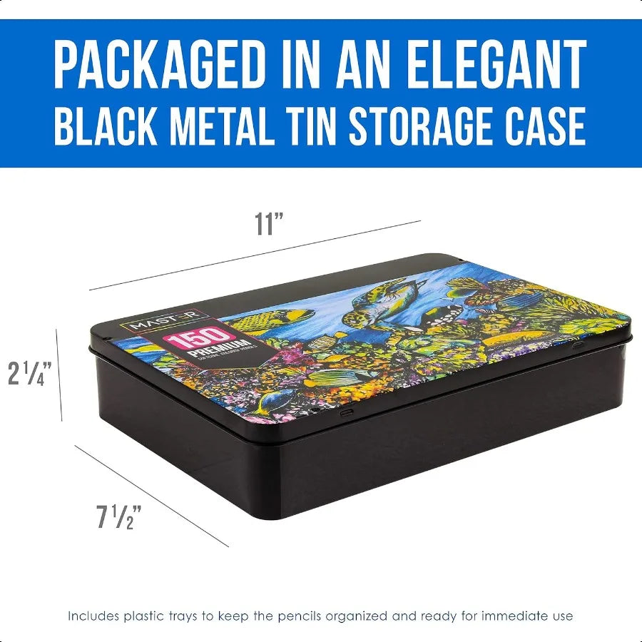 Master 150 colored pencil mega set with premium soft thick core vibrant color leads in tin storage box profional