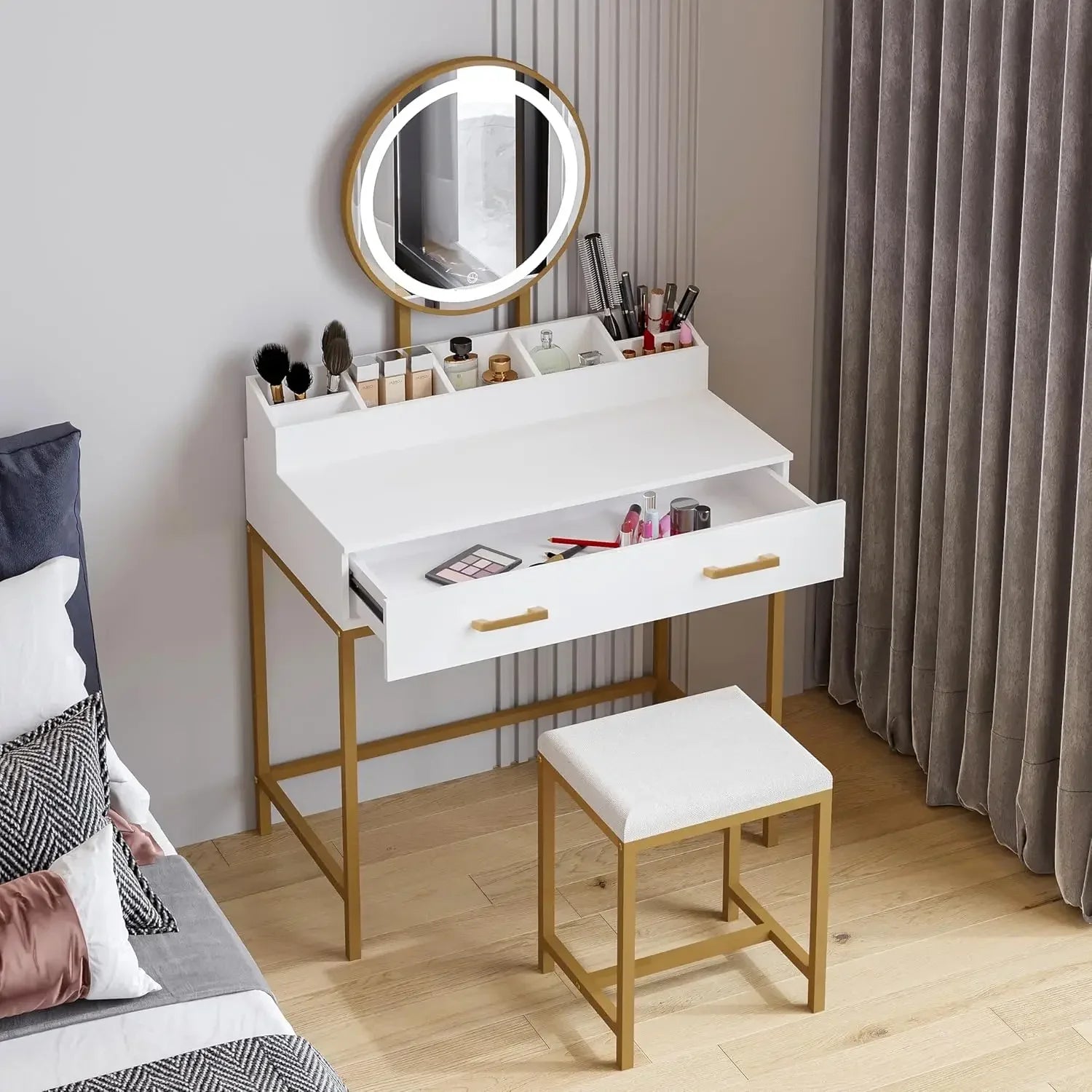 Makeup vanity desk with mirror and lights set drawers small table cushioned stool - united states