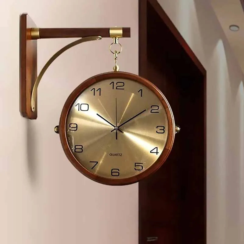 Luxury wood double sided wall clocks movement silence 360° rotatable clock aesthetic living room decoration accessories