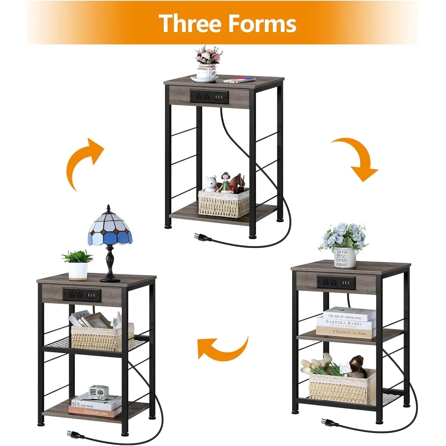 3-tier nightstand w/ charging station - 2 pcs grey bedside table usb ports & storage shelf for bedroom - united states