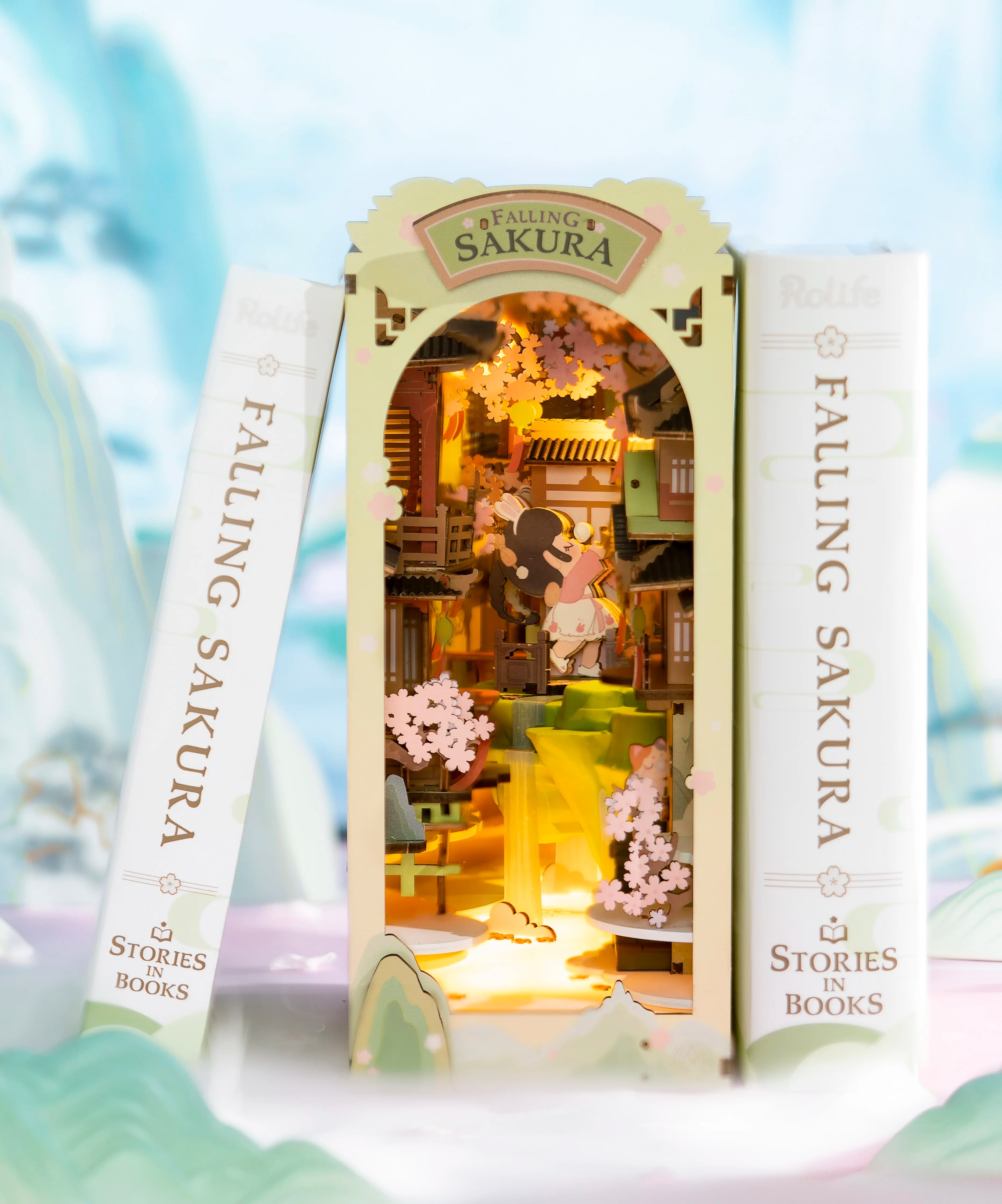 Robotime rolife diy book nook wooden miniature doll house for bookshelf insert furniture - tgb05 falling sakura / china