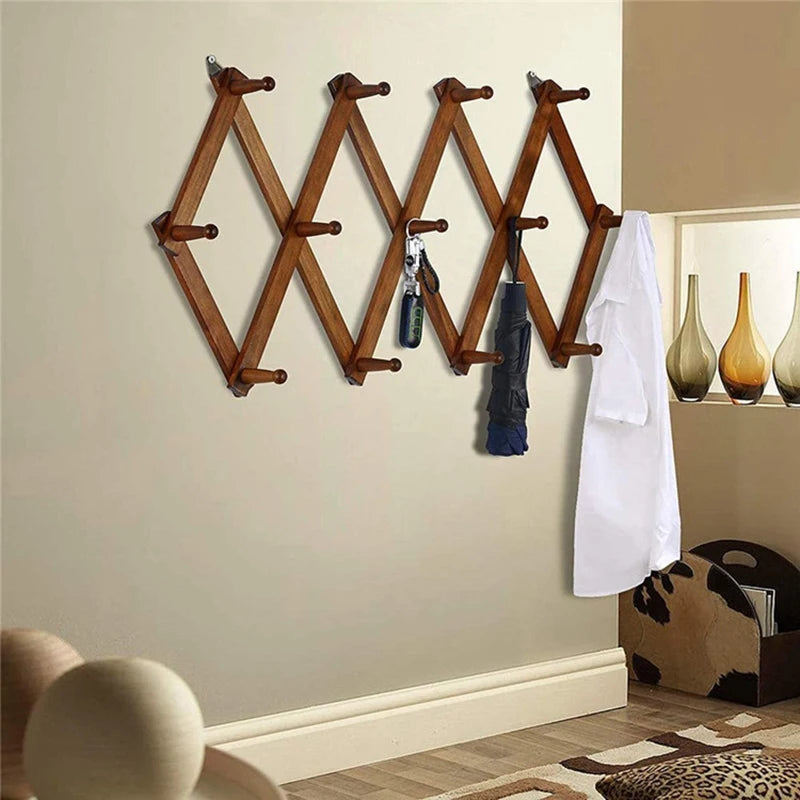Entrance porch hanging hanger wall clothes hook walnut wood shelving living room storage shelf