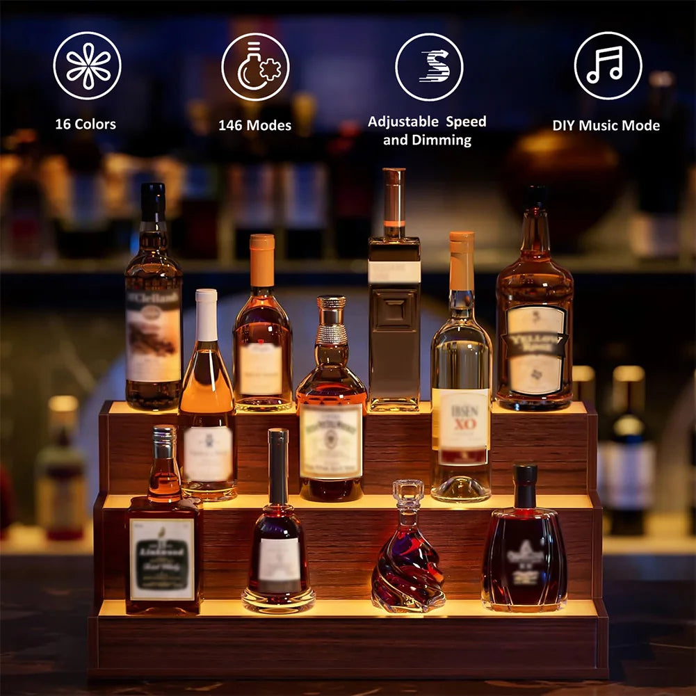 Led lighted liquor shelves wooden bottle display shelf with app remote control for home bar pub restaurants party