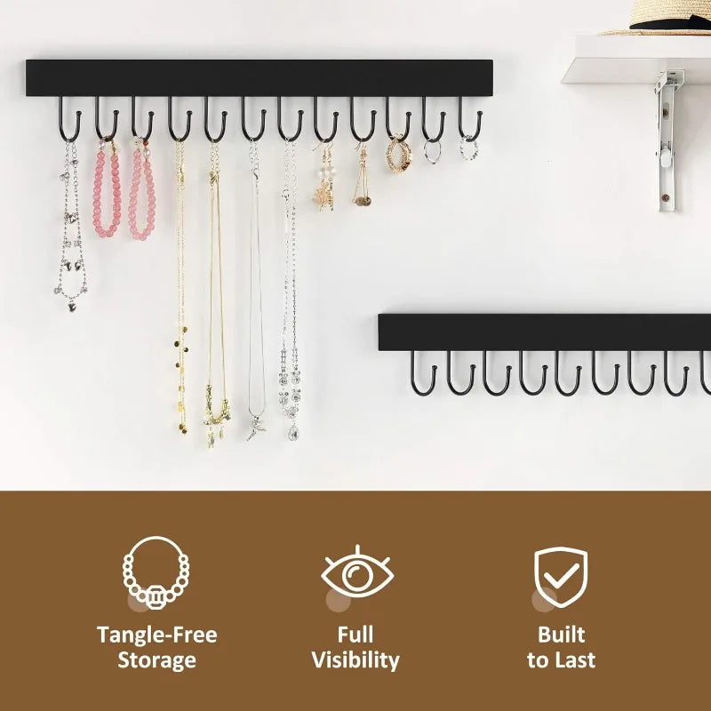 2 pack necklace organizer wall mount wooden jewelry hanger holder with 24 hooks,hanging - black / united states