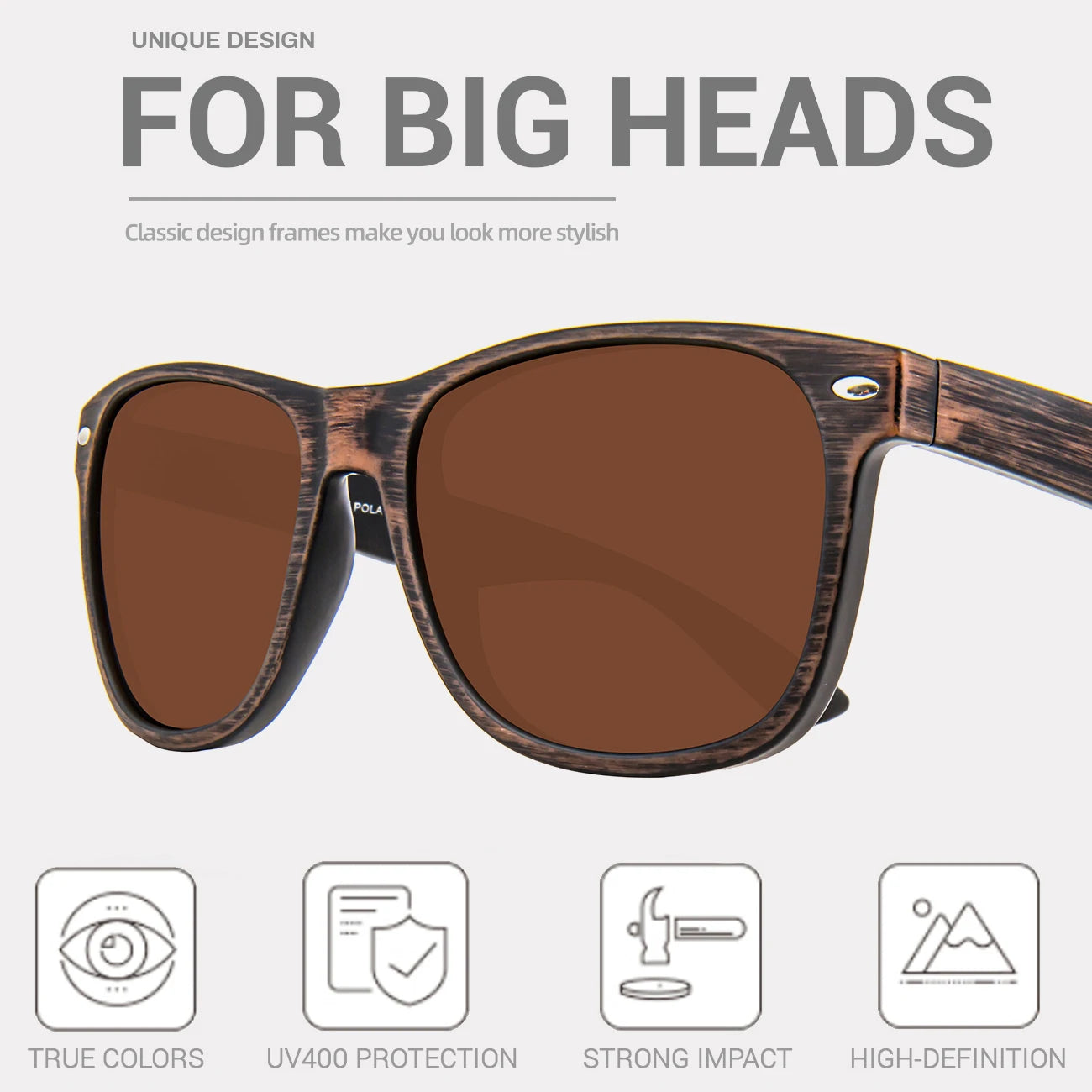 Juli polarized sunglasses for big heads men&women,uv 400 protection wood grain frame 8809 - a11 grain-brown / china