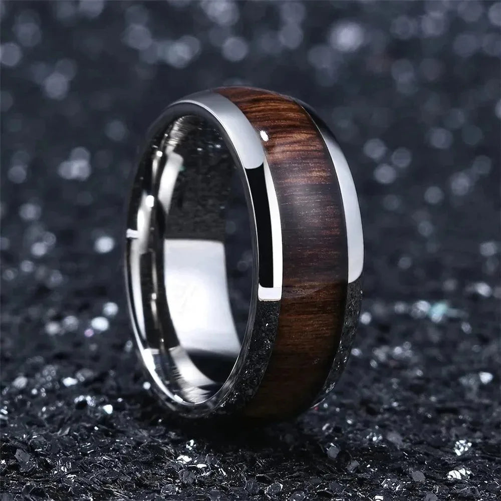 Fashion 8mm silver color stainless steel rings for men women domed koa wood inlay promise wedding engagement jewelry