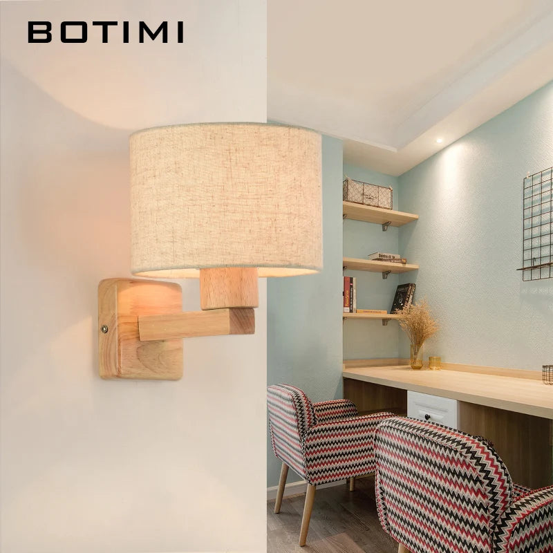 Botimi fabric lampshade led wall lamp for living room hotel bedside wooden sconce e27 luminaire bed reading home