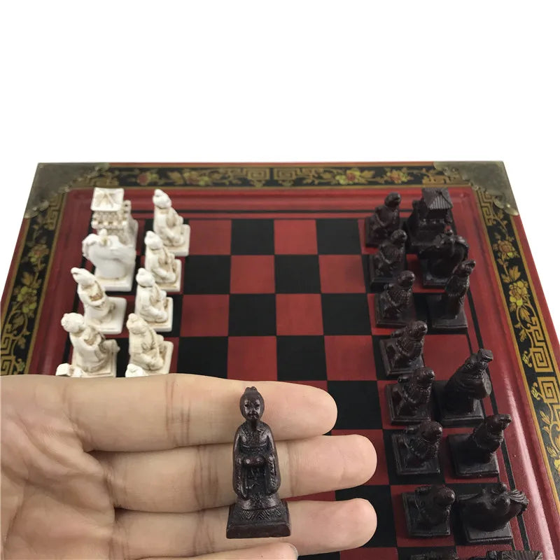 Antique three-dimensional chess terracotta army pieces high-grade vintage wooden table 26*26cm/10.24*10.24in - 1 set