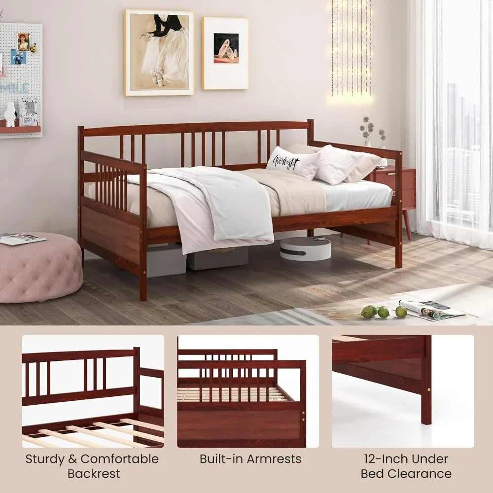 Giantex twin daybed frame wooden sofa bed guest with rails & wood slat support dual-use size platform for l