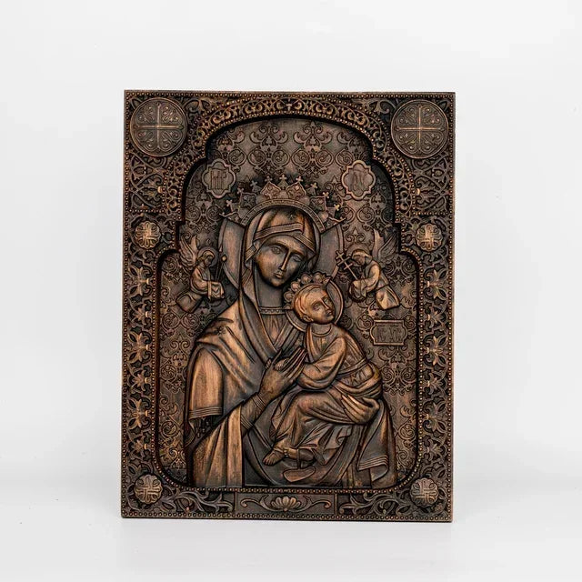 Vintage wood carved catholic religious art our lady statue of perpetual help wall home living decor - retro / 35cm