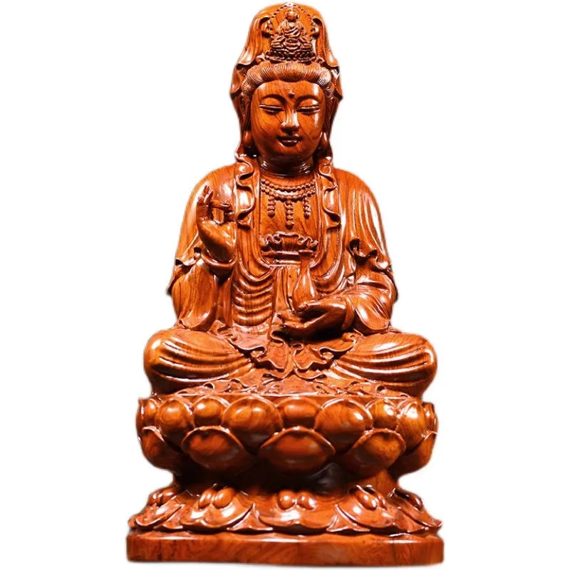 Solid wood carving lotus guanyin statue，safflower pear， black sandalwood wooden buddha statue home feng shui decoration