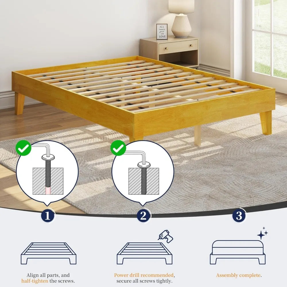 Bed frame natural solid wood platform with wooden slats support 12-inch underbed space for storage noise-free design