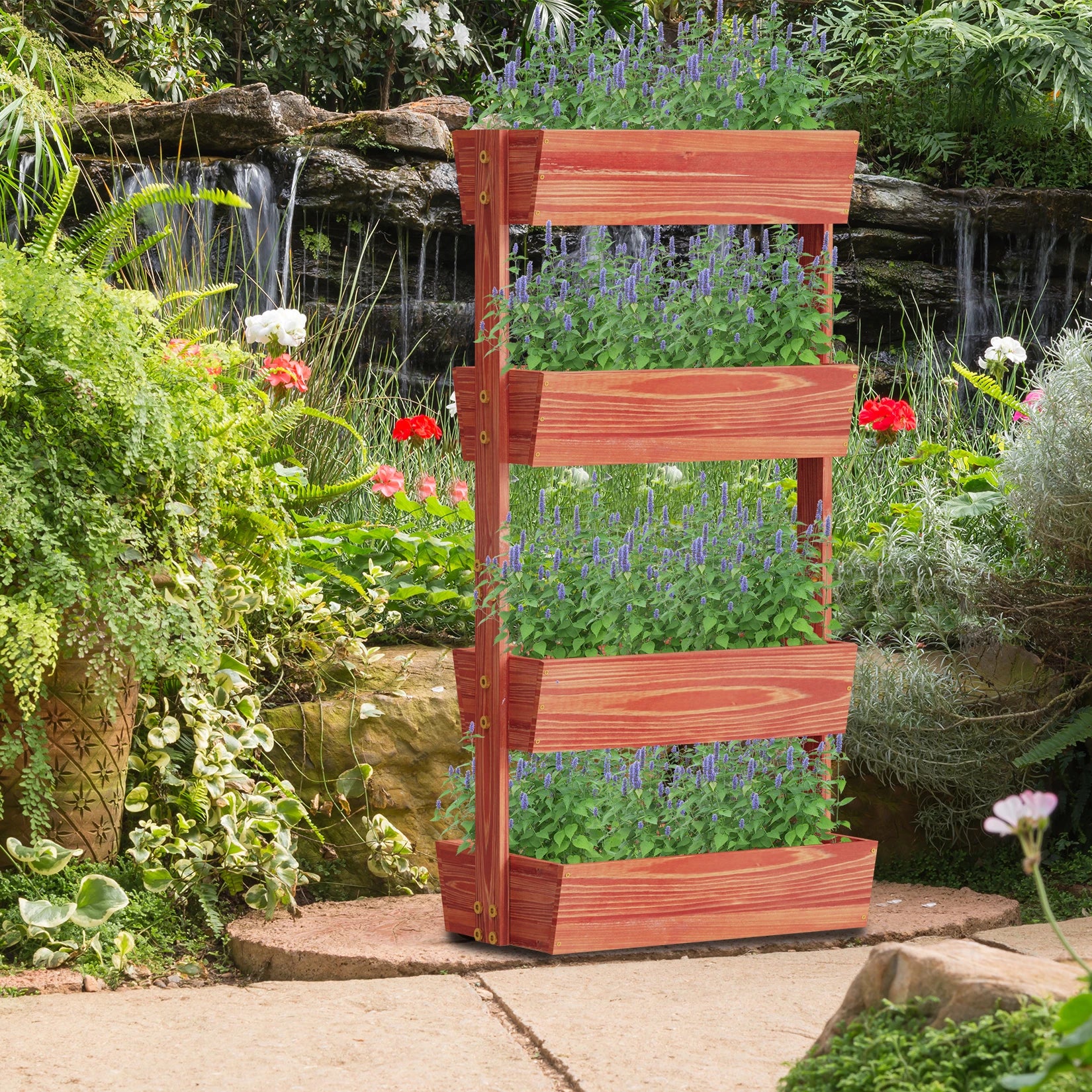 4-tier raised garden bed vertical flower pots rack with detachable ladder and adjustable shelf wooden elevated planters