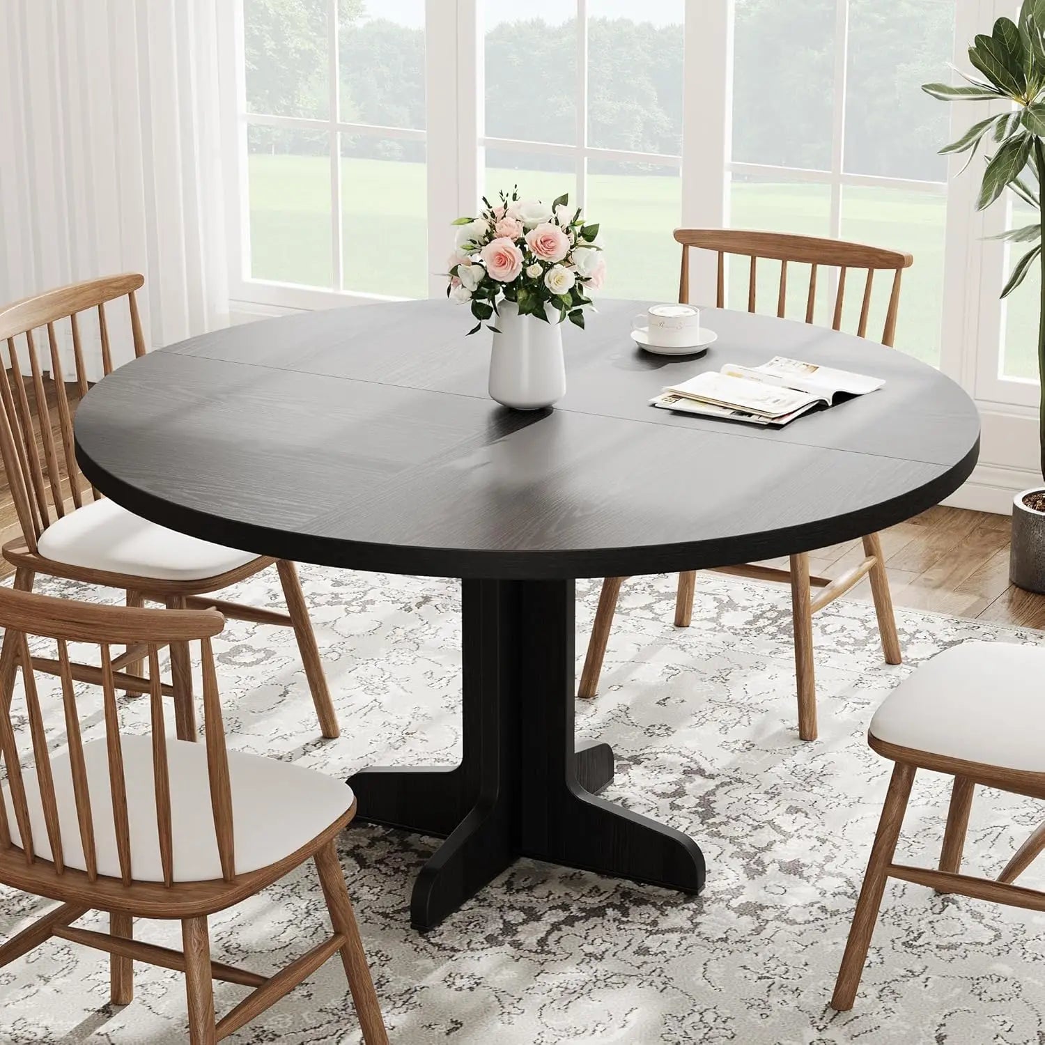 Round dining table for 4 47 inch farmhouse kitchen with wood tabletop and stable base home - black / united states