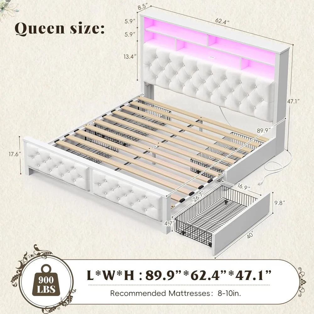 Enhomee queen bed frame with storage headboard & 4 drawers,wooden size charging station led lights uphols - united