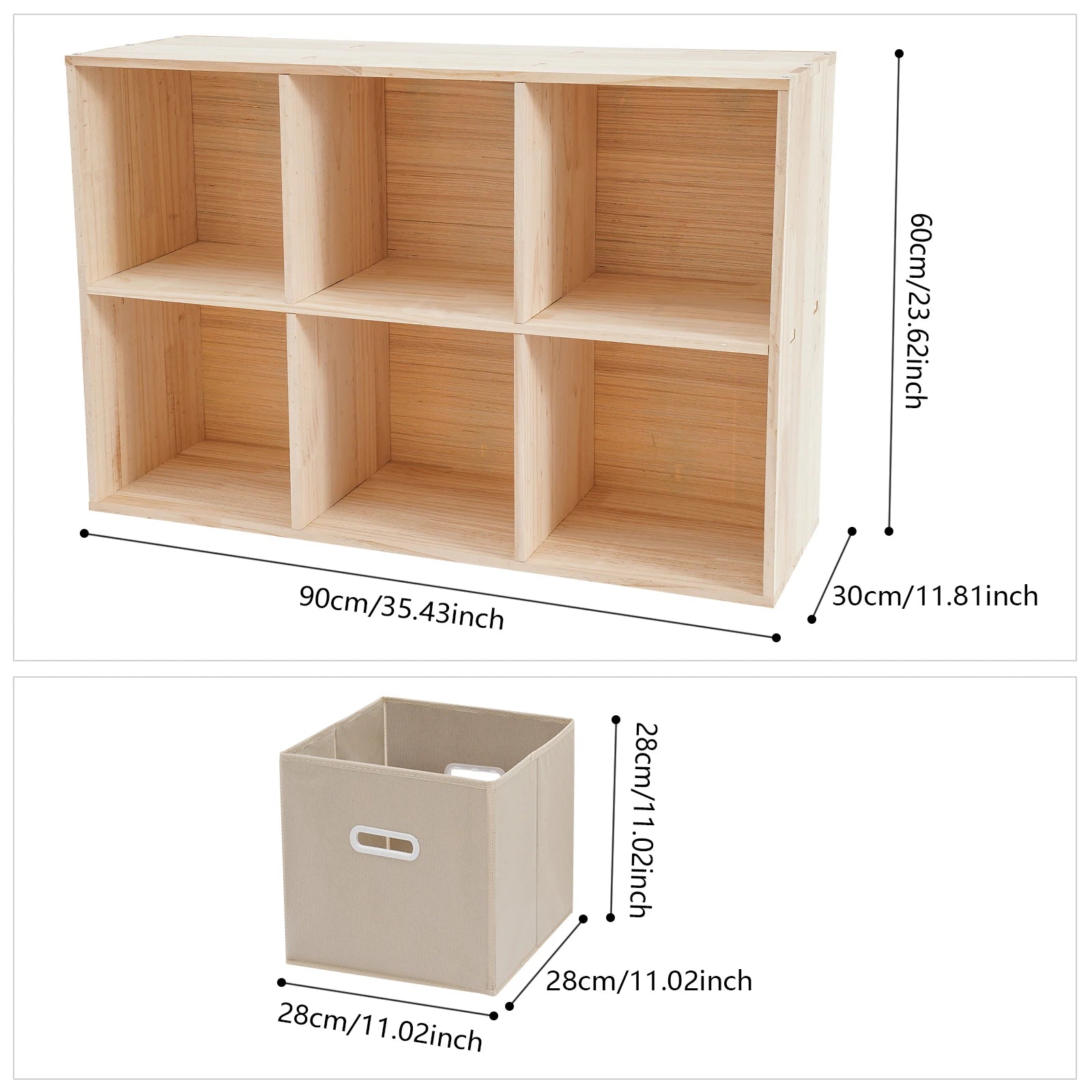 6-compartment solid wood shelves wooden cube shelf bookcase floorstanding bookshelf with 3 fabric baskets - beige