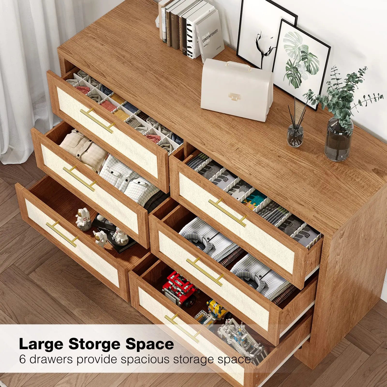 Dresser for bedroom with 6 drawers burlap design wood drawer chest of closet living room hallway nursery - united states