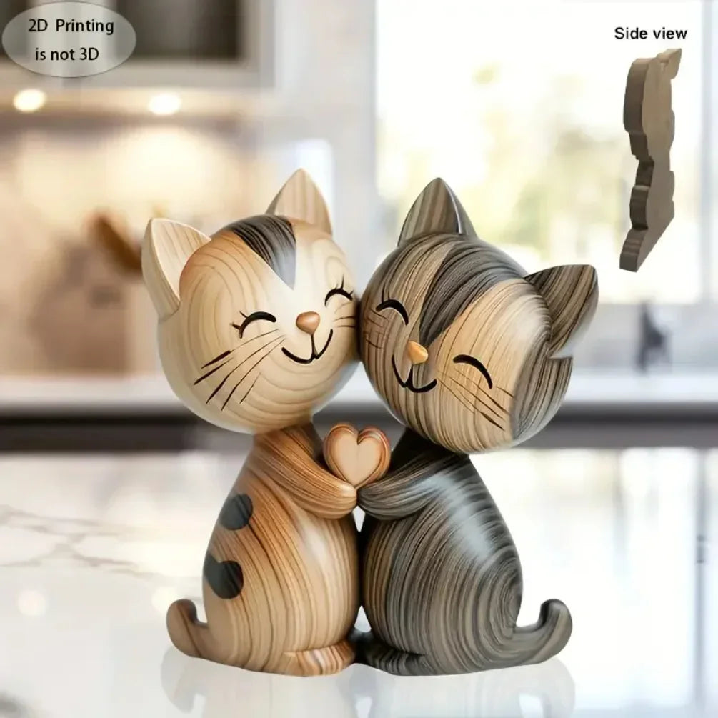 Wooden kitten couple sculpture charming 2d flat cat enthusiast gift light and dark wood grain desktop entrance home