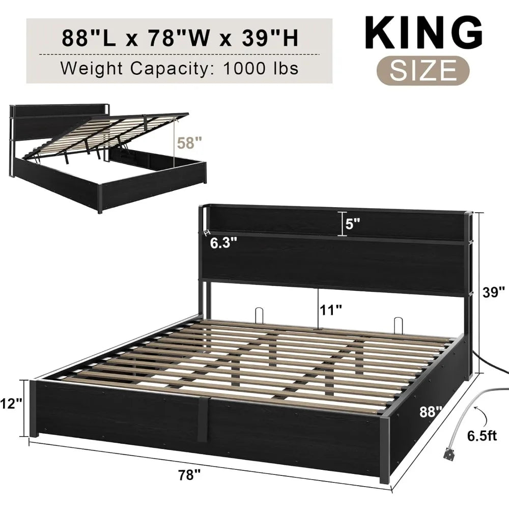 Amerlife king size lift up storage bed frame wooden platform with lifting & charging station no spring box n - united
