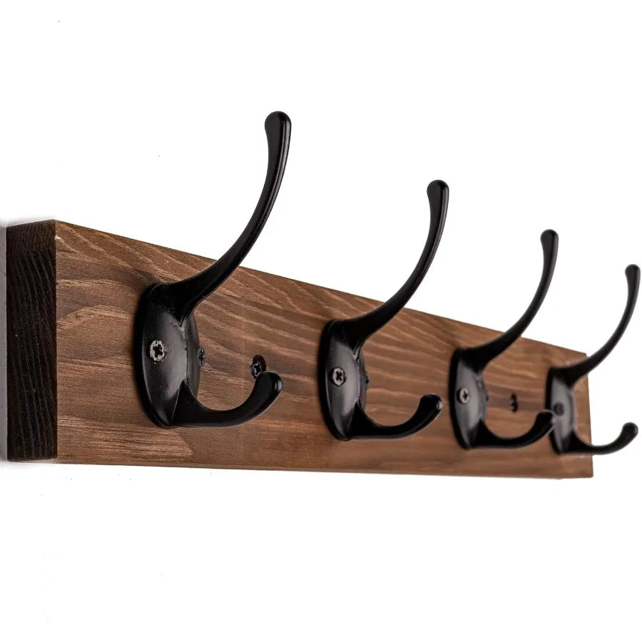 Wall mounted wooden hat rack with 4 hooks for entryway bathroom bedroom durable brown coat hook storage solution