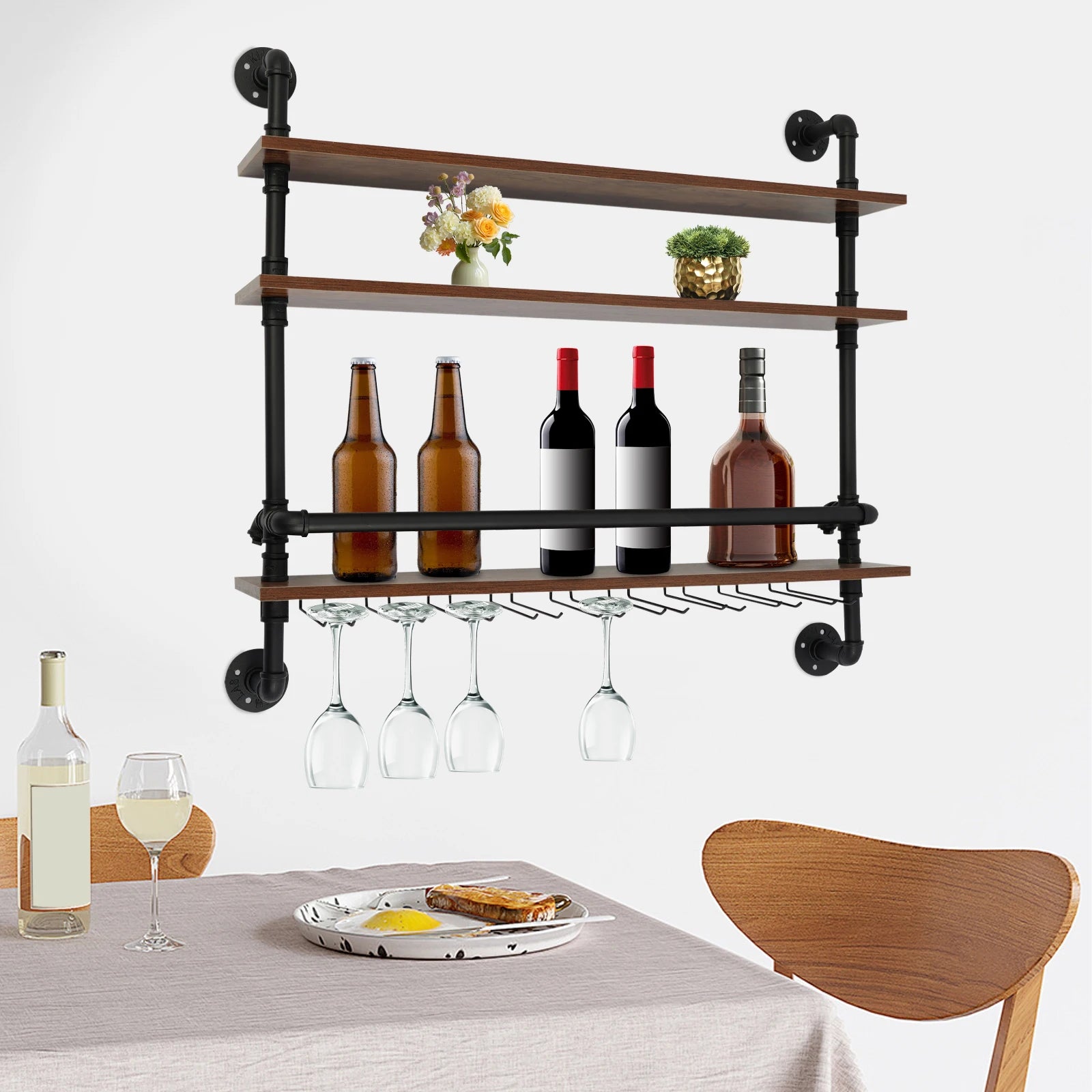 Industrial 3-tier wall mounted wine rack with glass holders guard rails iron wood for bottle storage floating shelves