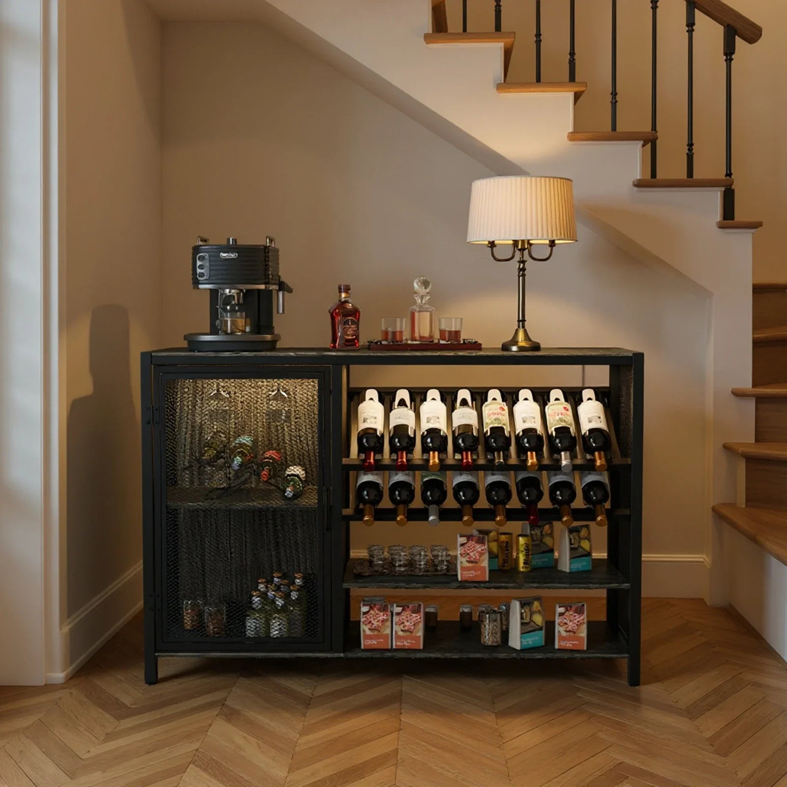 For kitchen family restaurant bar wooden wine cabinet bottle bar with light and mesh door/power socket suitable