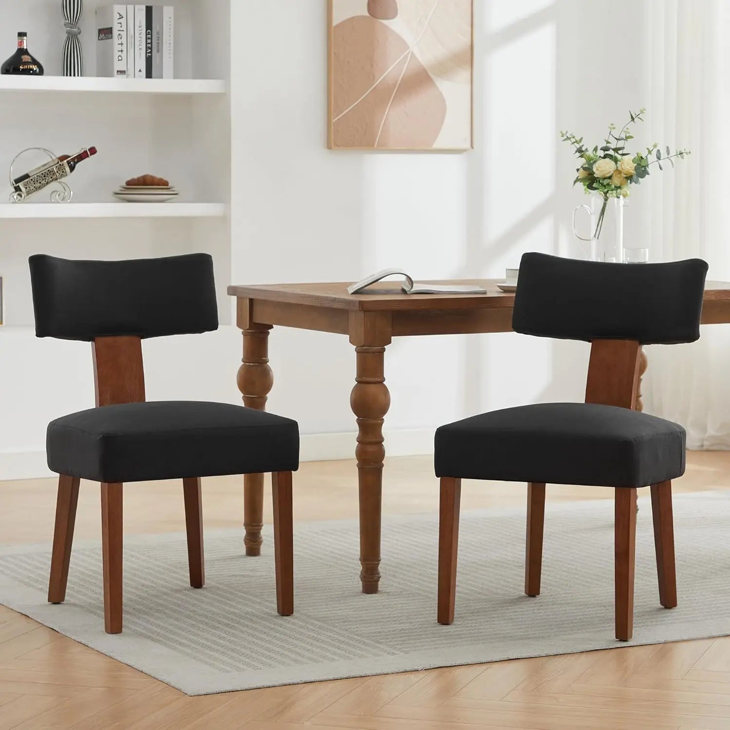 Wooden dining chairs set of 2,mid-century modern armless kitchen with curved backrest -hardwood frame farmhouse - black