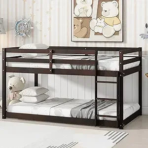 Low bunk beds twin over floor bed frame junior loft for kids boys girls teens natural - espresso with ladder / united