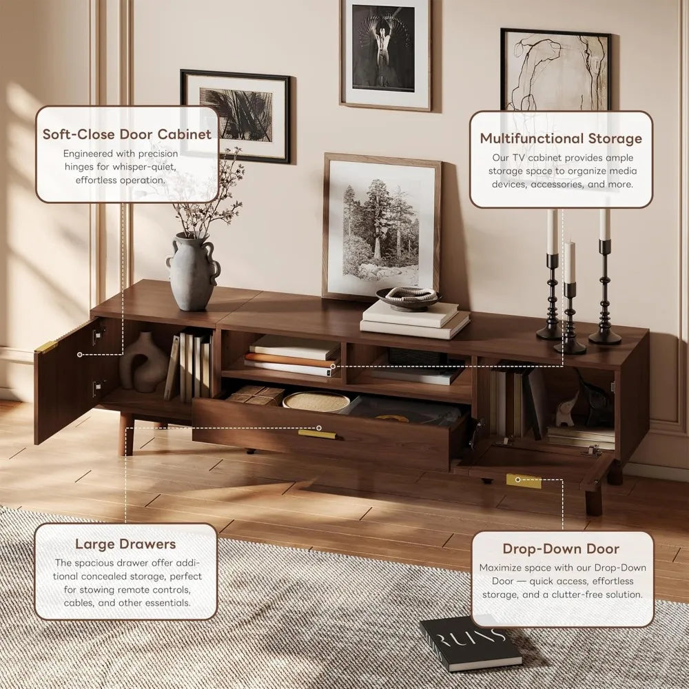 Mid century modern tv stand for tvs up to 75” boho entertainment center media console with 2 doors 1 drawer and open