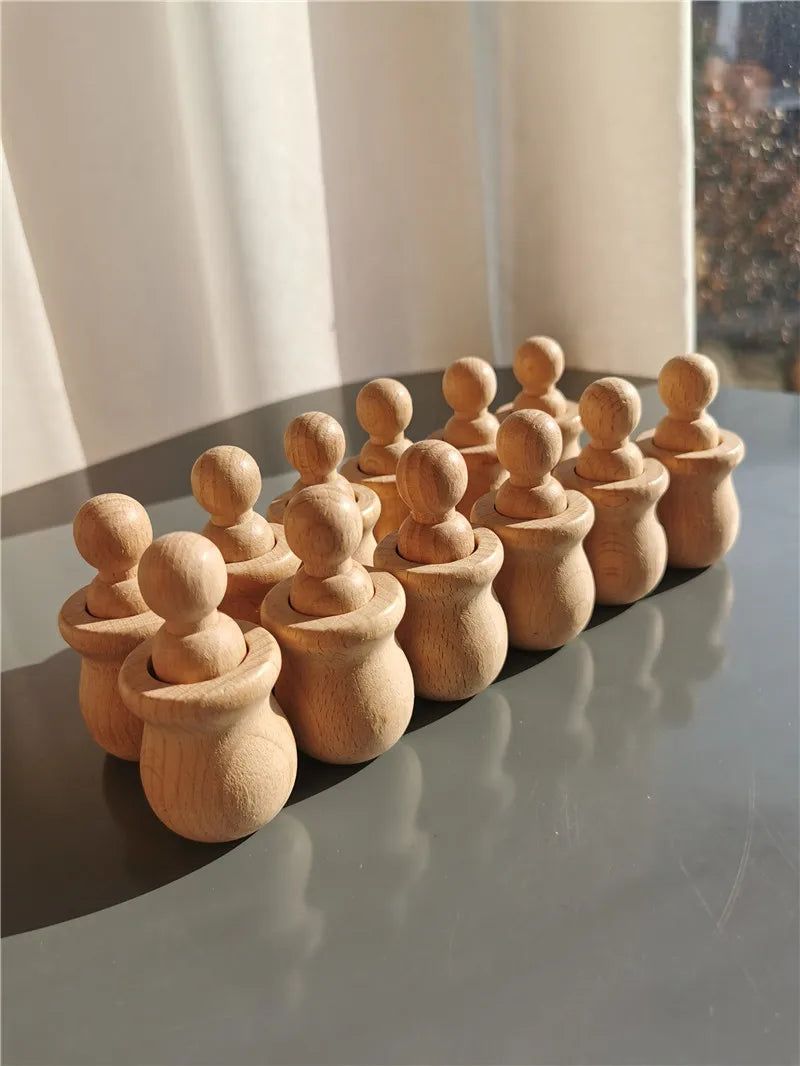Rainbow wood peg dolls with cups handmade stain stacking people in bowls for kids open-ended play - nature 12 - game