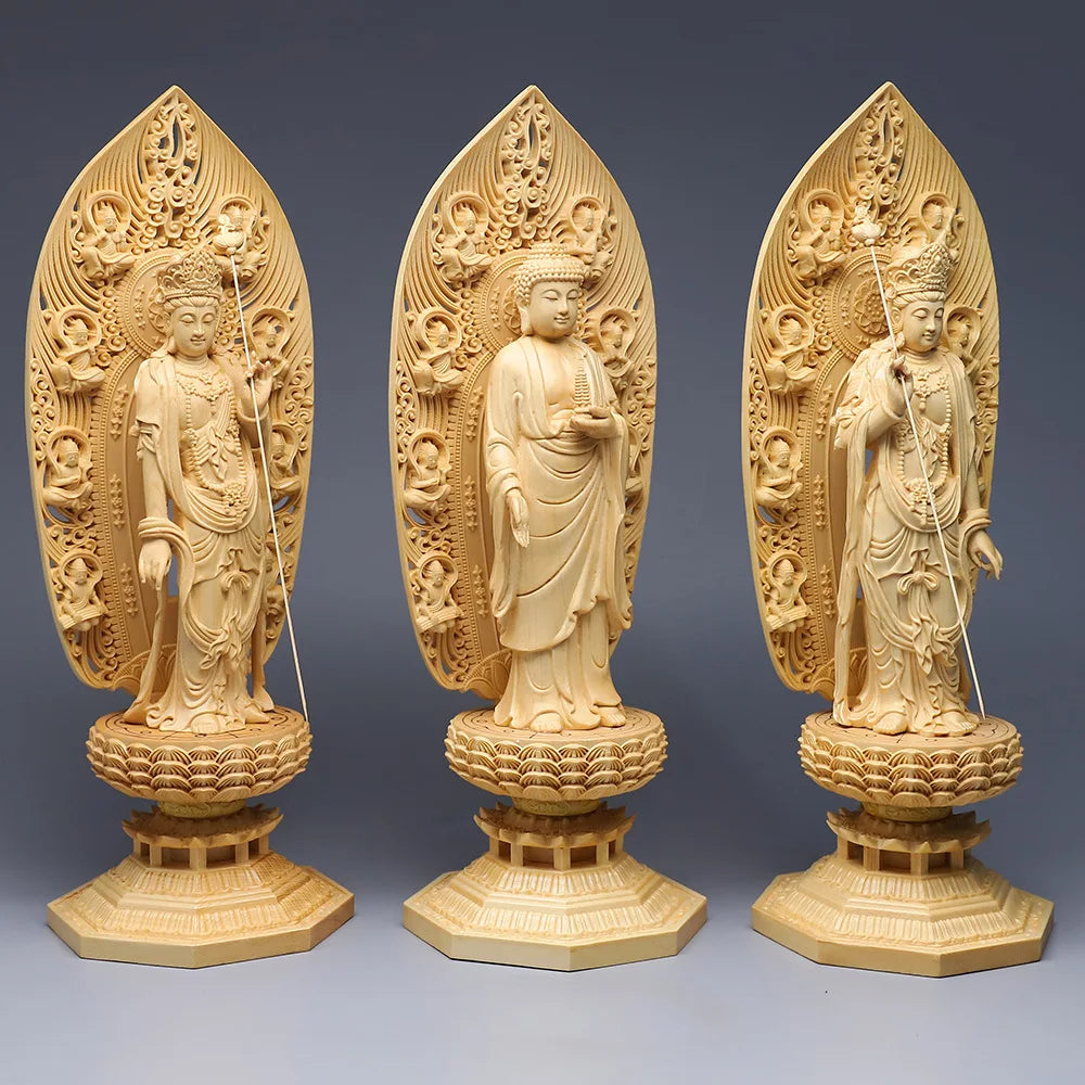 Cypress carved oriental three saints ornament solid wood sun and moonlight bodhisattva pharmacist buddha