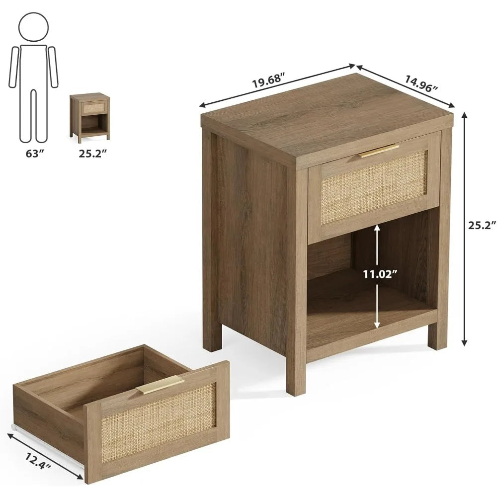 Boho farmhouse rattan nightstand set of 2 caramel oak finish with drawer and shelf bedside tables