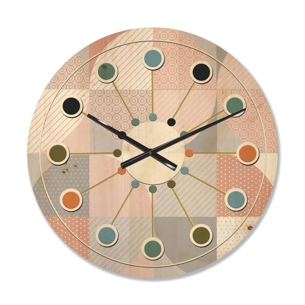 Mid-century modern wood wall clock geometric round textured pattern unique art natural pine ready to hang battery