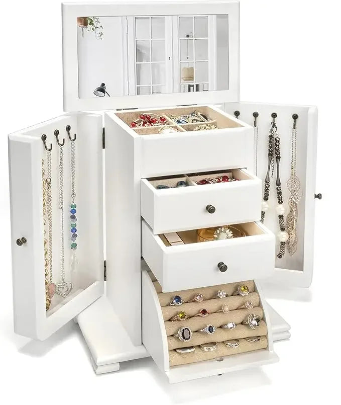 Jewelry box for women rustic wooden boxes & organizers with mirror 4 layer organizer display - weathered white / united