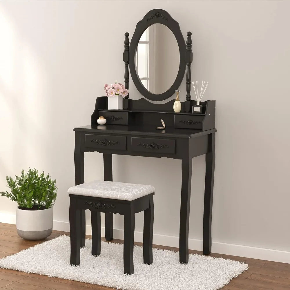 Girls vanity desk makeup set with mirror & stool table black 4 drawers vintage rose carving - united states
