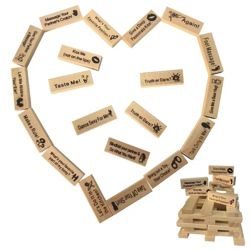 Fun building blocks couple activity night creative wooden tower game valentine’s day rolling stacking