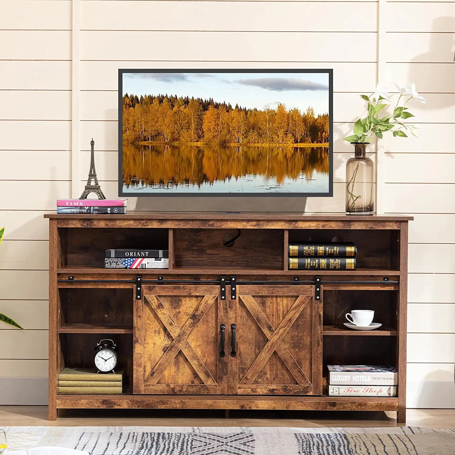 Tv stand farmhouse coffee bar cabinet rustic sliding barn door storage with power outlet & led light 57’’ wooden cabi