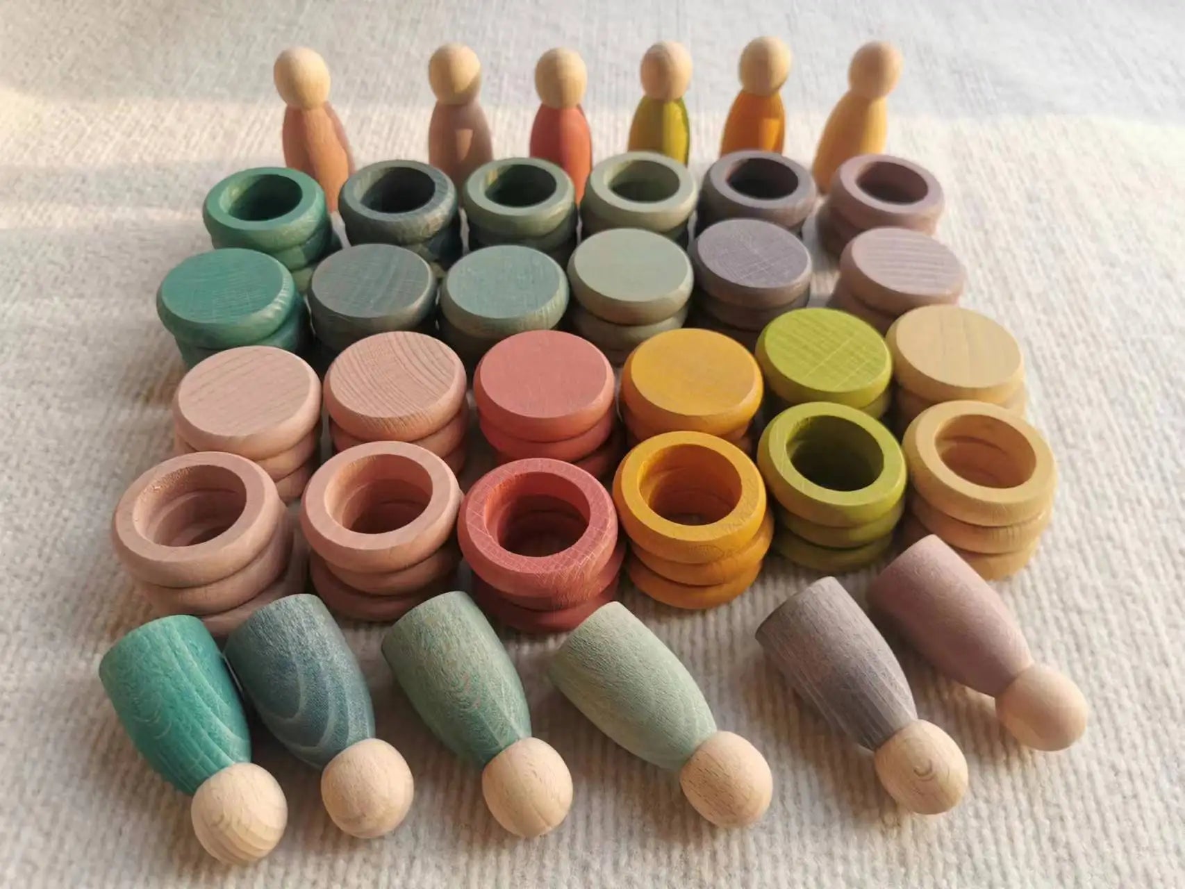 Kids wooden toys beech rainbow coins and rings stacking blocks with peg dolls loose parts - pastel set 84 - game
