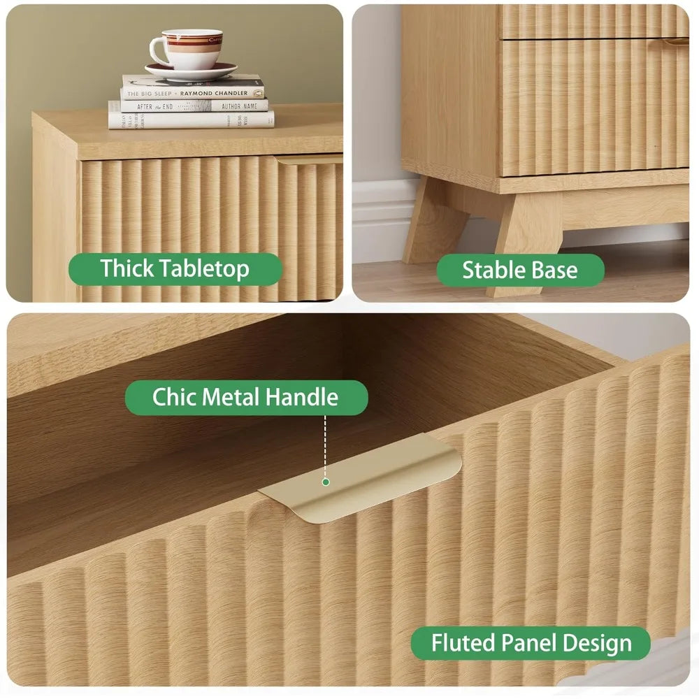 Nightstand 24’’ wide side table with 3 large storage drawers and metal handle wooden bedside end for bedroom living room