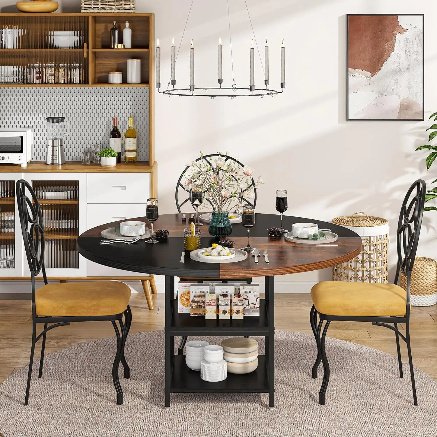 Round dining table for 4 wood kitchen large dinner with storage shelf metal legs home room living