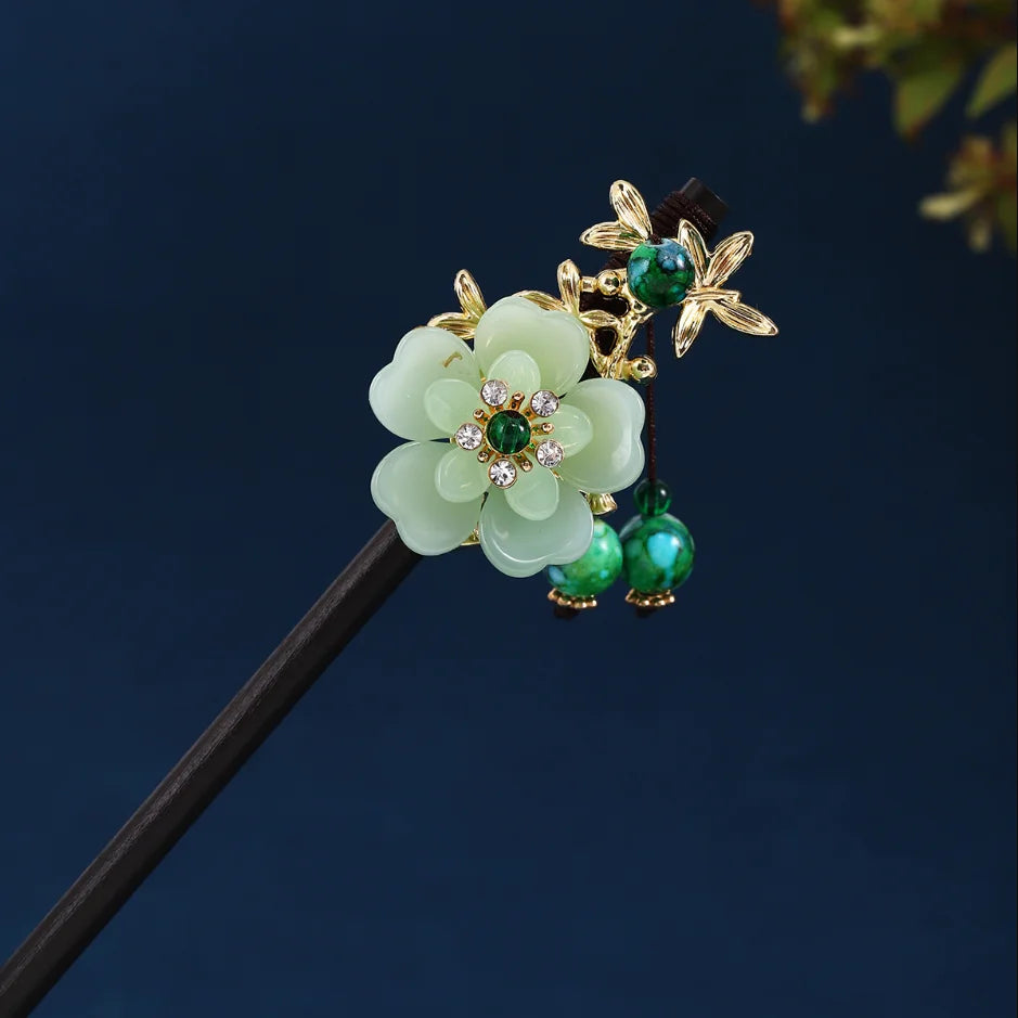 Retro flower hair forks long tassels wooden sticks pearls bead step shake chinese wedding bridal hairpins clips jewelry