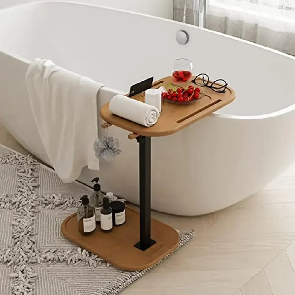 Adjustable height c shaped end table small spaces sofa side with swivel tv tray phone slot natural wood base easy