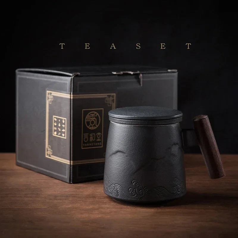 Beautiful tea mugs ceramic vintage coffee cup beer large mug with infuser lid wooden handle tableware personalized