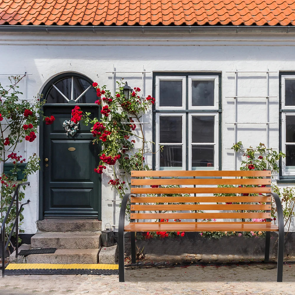 48’’ hardwood slotted steel cast iron frame outdoor patio garden bench park seat classic design blend perfectly