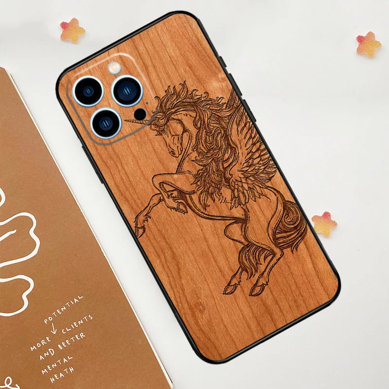 Turtle elephant dragon wood phone case for iphone 15 16 14 13 12 11 pro max mini plus xs x xr back cover - 9277