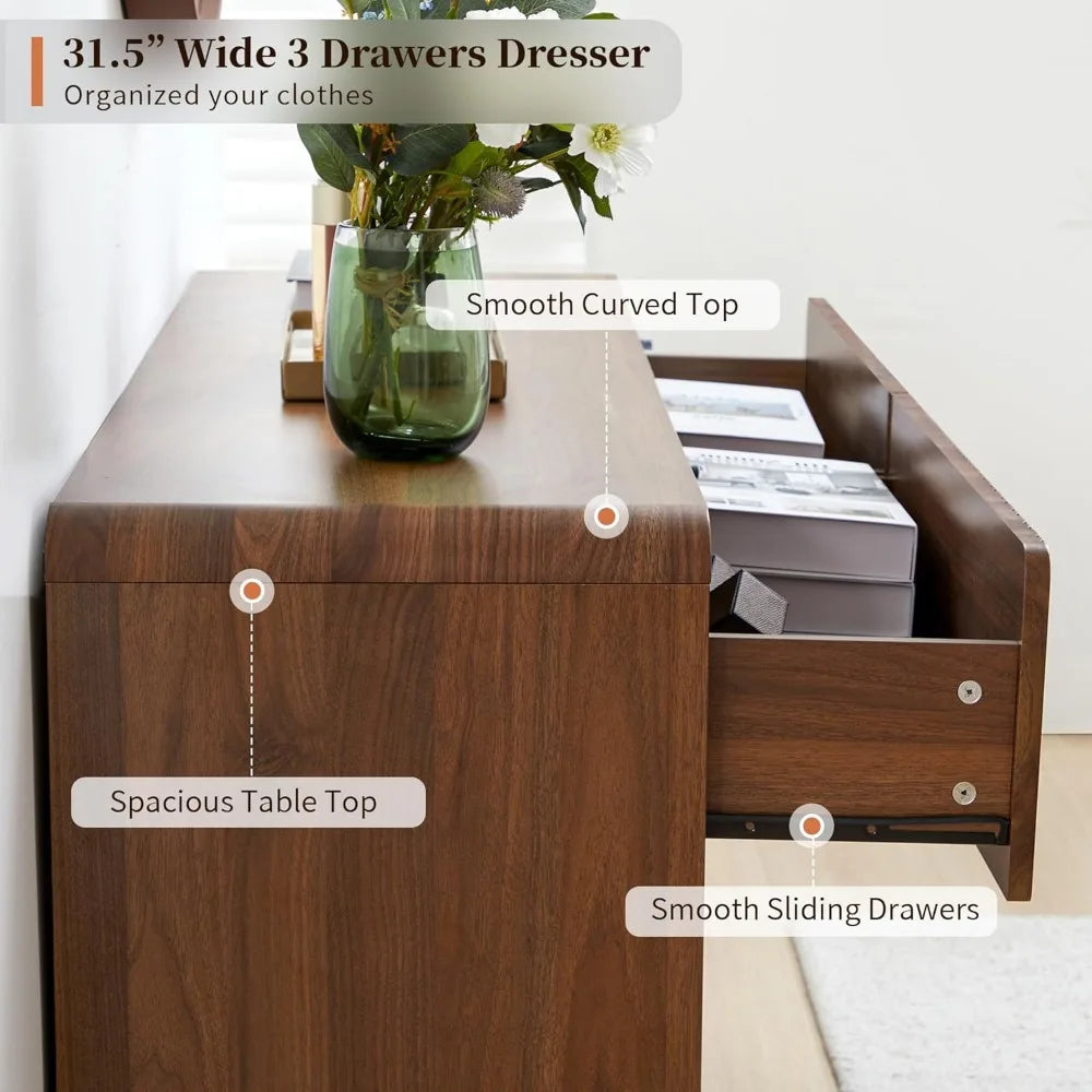 Flute 3 drawer dresser,31.5’’ wide dresser nightstand for bedroom,mid century modern wood chest of with curved