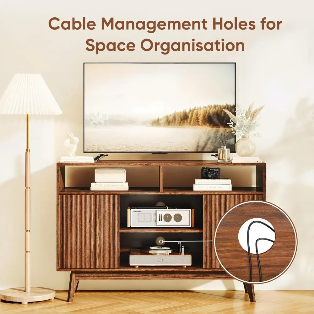 Fluted tv stand for 60 inch modern entertainment center with storage and shelves wood console solid leg