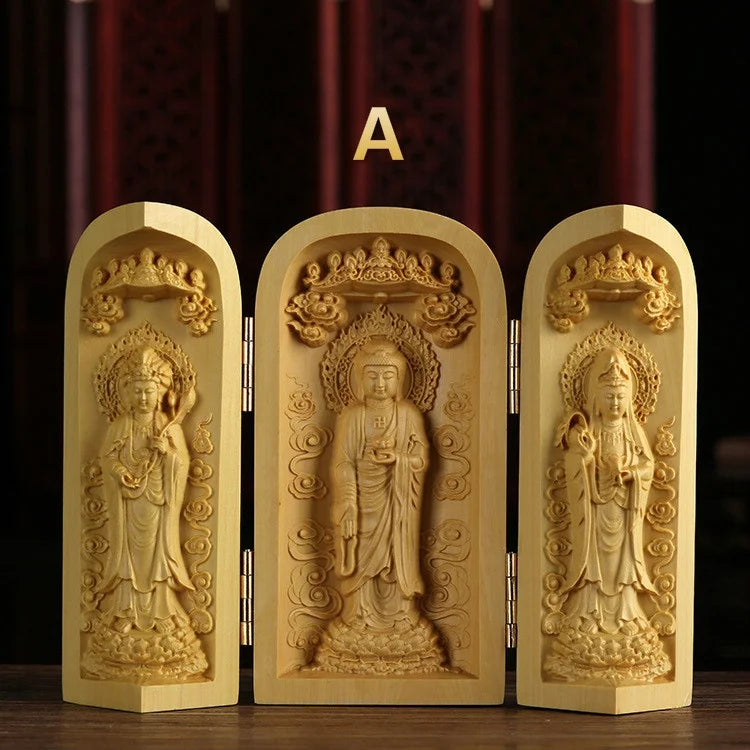 1pc exquisite boxwood carving guanyin buddha statue western sansheng wood crafts home decoration - a - religious
