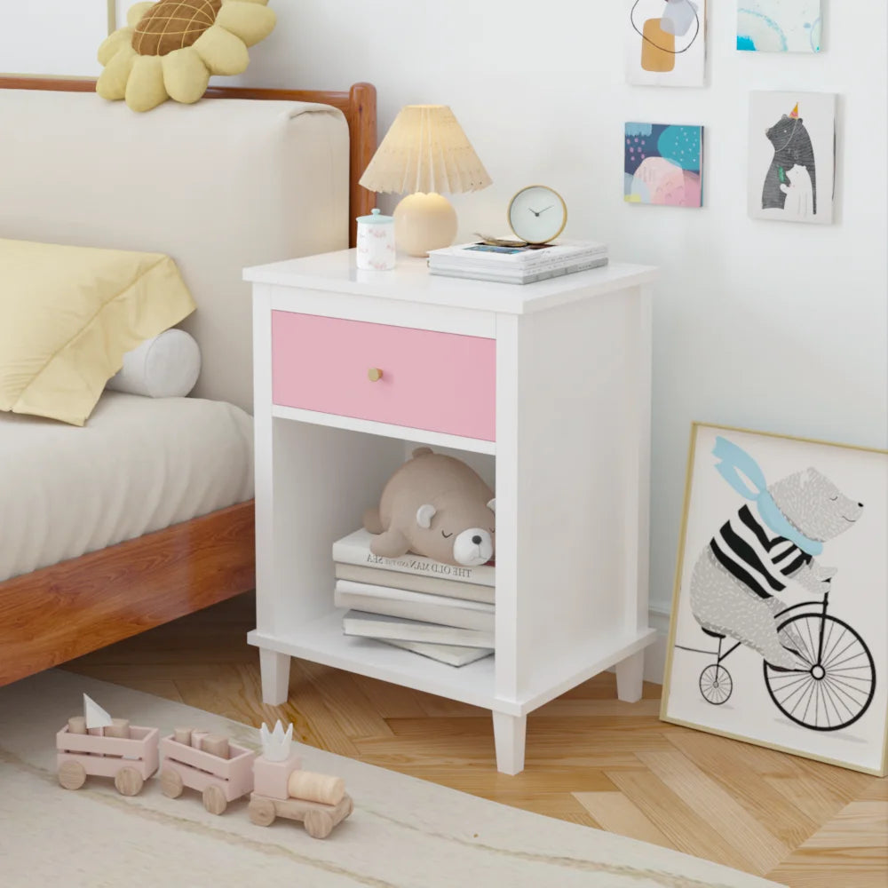 26.77’’h wooden nightstand with one drawer shelf for kids adults pink + golden handle
